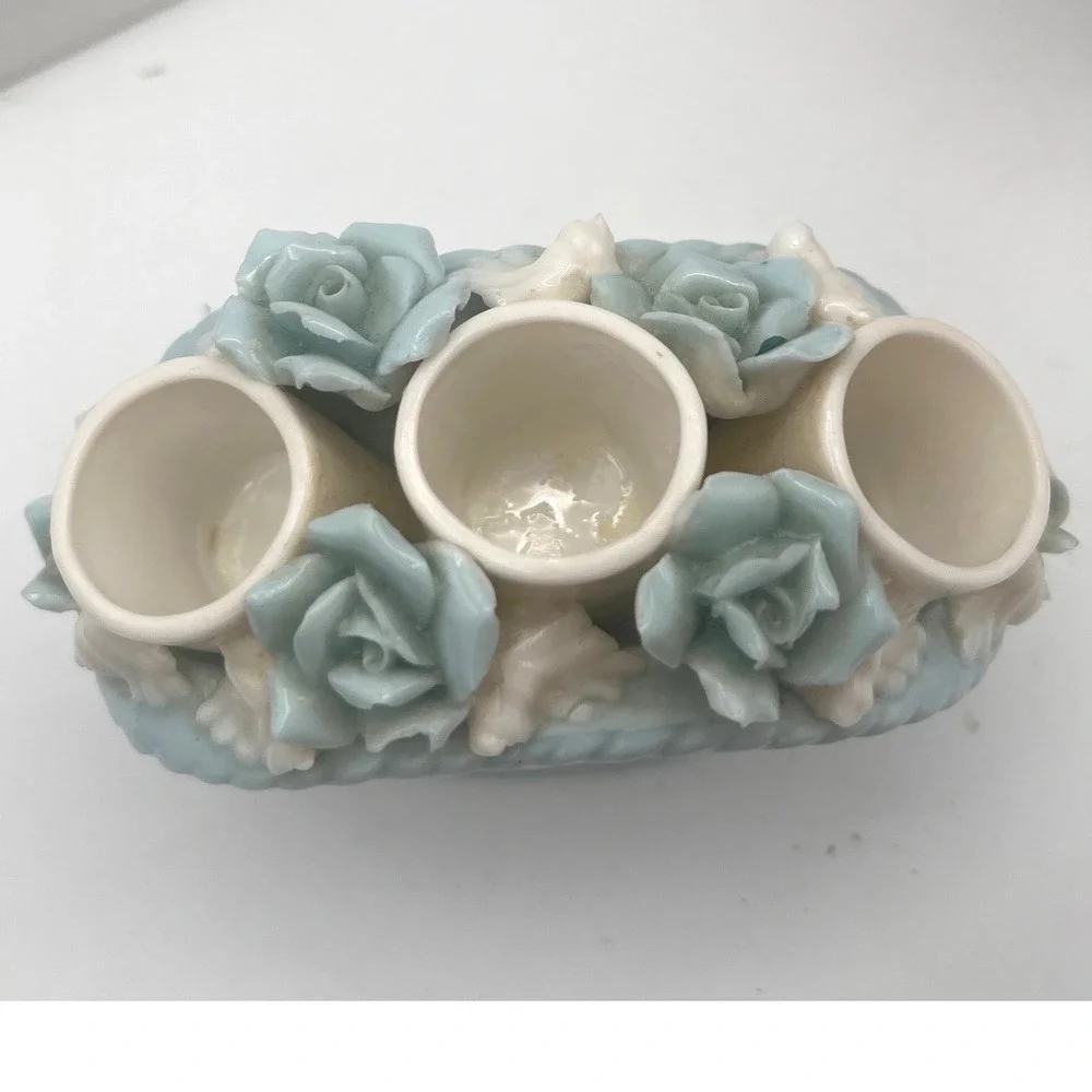 Vtg Rare I.W.Rice Japan Vanity Lipstick Holder Blue white porcelain‎ Basket 50s